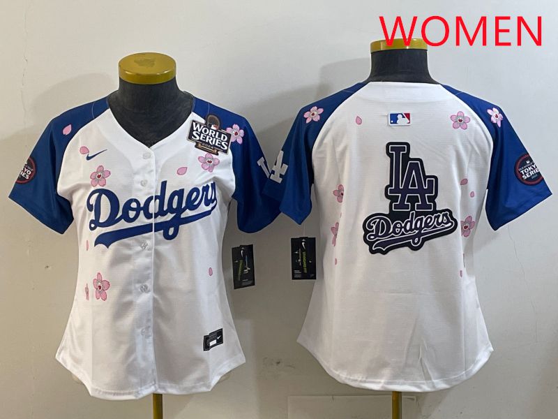 Women Los Angeles Dodgers Blank White Blue Sakura Edition 2025 Nike MLB Jersey style 20->women mlb jersey->Women Jersey